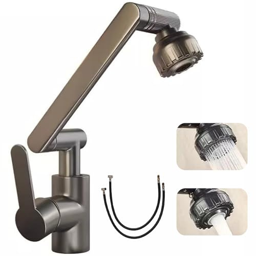 BASAMOU Aeratore Rubinetto Lavandino Cucina Rotante 1080° Girevole Rubinetto Lavandino Bagno, Prolunga Rubinetto Bagno, Miscelatore Lavello Cucina con Doccetta, con 2 Modalità