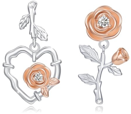 Rose Örhängen Smycke 925 Sterlingsilver Asymmetriskt Hjärta Örhängen Ros Hjärta Örhängen Asymmetriska Örhängen för Kvinnor, En Storlek, Zirkon