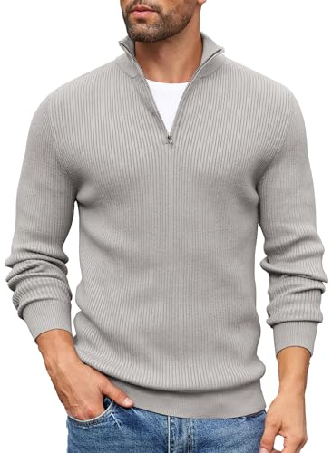 COOFANDY Sweaters for Men Jumper Turtleneck Jumper Polo Neck Jumpers Knitted Sweater Turtleneck Sweater Stand-Up Collar 1/4 Zip Pullover Tops Light Gray S