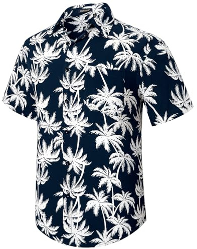 Enlision Camisas Hawaianas para Hombre, Camisa de Algodón de Manga Corta con Botón Informales de Verano con Flores Florales de Aloha para Vacaciones en La Playa Azul Marino 4XL