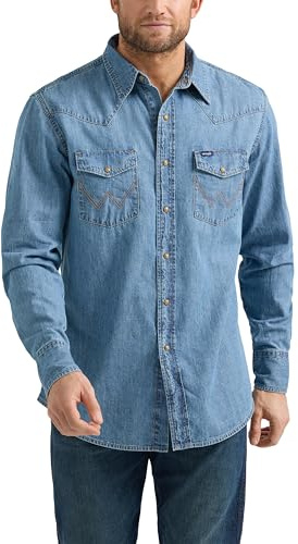 Wrangler Camisa Vaquera de Manga Larga para Hombre, Claro Wash Mezclilla, Medium