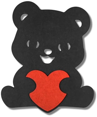 ebenkunst Bär mit Herz Wanddeko – Tier Wandbild aus schwarzem MDF | Schwarz durchgefärbtes MDF, rotes Herz, Bärenmotiv, ca. 26 x 31 cm, Made in Germany
