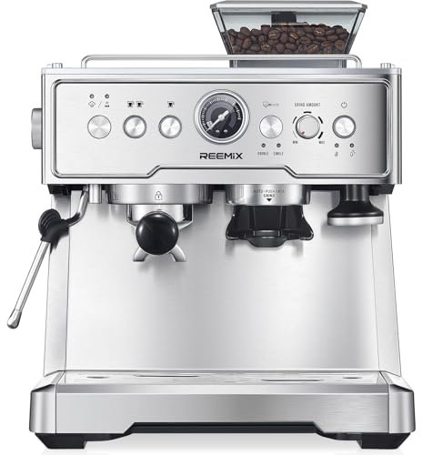 Reemix Siebträgermaschine, 20 Bar Espressomaschine/Kaffeemaschine mit integriertem Mahlwerk und Milchaufschäumer, 1350 W, 2,8 l Tank, Edelstahl/silber. Barista-Kit