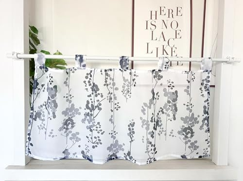Daliena Scheibengardine Zweige Bistrogardine Voile Kurzgardine Transparent Fenstergardinen mit Schlaufen Küchengardine Landhaus Schlaufenschal Kurz mit Muster (BxH 120x45cm) Grau 1 stück