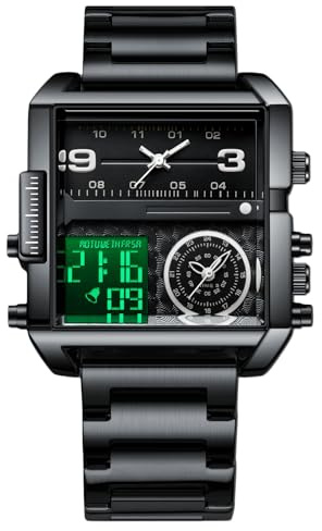 RORIOS Montre-Bracelet Multifonction Digitale pour Homme Montre de Poignet Mode Carrées Quartz Montres Affichage Analogique Électronique Grand Cadran Noir Blanc C