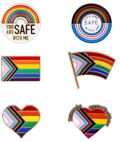 Mikovivi 6 Stück Regenbogen Broschennadeln, 6 Designs Progress Pride Emaille Brosche LGBT Regenbogen Herzflagge Runde Anstecknadel für Schwule Lesbische und Transgender Accessoires
