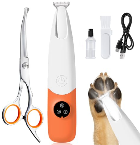 Dog Paw Trimmer with LED Light, Low Noise and USB Rechargeable, Safe Rounded-Tip Scissors, Paw Trimmers for Dog's Feet, Ears, Face and Rump