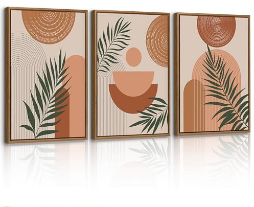 3 Pcs Boho Geometrisch Linien Leinwand Bilder mit Rahmen Set, Orange Ästhetik Pflanzen Blatt Wandbilder Nordisch Minimalistisch Bild Auf Leinwand Poster Deko für Wohnzimmer Schlafzimmer Büro 30X40cm