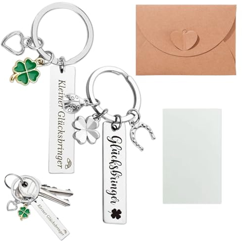 Porte-clés porte-bonheur 2 pièces gravés en métal – avec trèfle, fer à cheval, coccinelle et cœur – 5 x 1,2 cm – cadeau chance porte-clé chanceux avec carte et enveloppe pour offrir