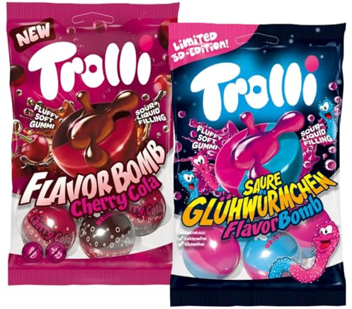 Flavor Bomb Saure Glühwürmchen & Cherry Cola – Fruchtgummi mit flüssiger saurer Füllung – Doppelpack 2 x 75 g