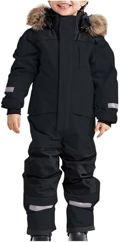 Combinaison de Ski Enfant Combinaison de Neige Garçons Fille Imperméable et Coupe-vent Hiver Chaud Ensembles De Neige Doudoune à Capuche Zippé Extérieur Softshell Tenue Plein Air (03 Black, 8-9 Years)