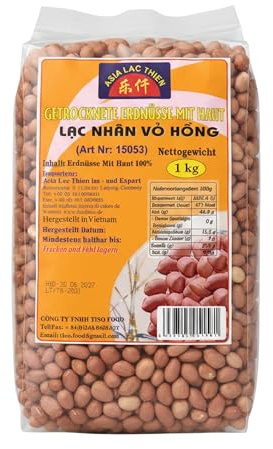 Premium Vietnamesische Erdnüsse mit rosa Schale 1 kg – 100% Reine Natürliche Erdnüsse mit ganzer rosa Schale (Lạc Nhân/Đậu Phộng Vỏ Hồng) – Nährstoffreicher Superfood mit für Gesundes Snacken (1kg)