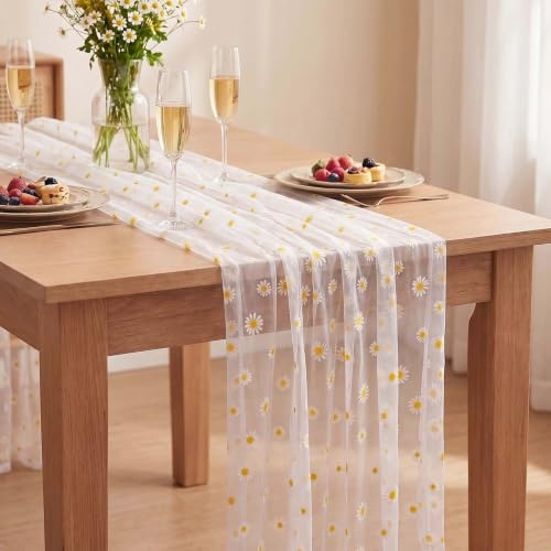 Gänseblümchen Tüll Gaze Tischläufer, Frühling Sommer Tüll Gaze Tischläufer 75x300 cm, Mode Eleganter Tischläufer, Blumen Tischläufers für Hochzeit Party Zuhause Tischdekoration