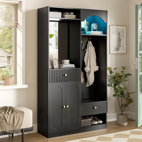 Httcg Garderobe Set Garderobenschrank Höhe 180 cm mit LED Licht und Spiegel, Garderobenset Flurgarderoben Set mit Wandgarderobe und Sitzbank, Kompaktgarderobe Flurmöbel mit Haken und 2 Tür, Schwarz