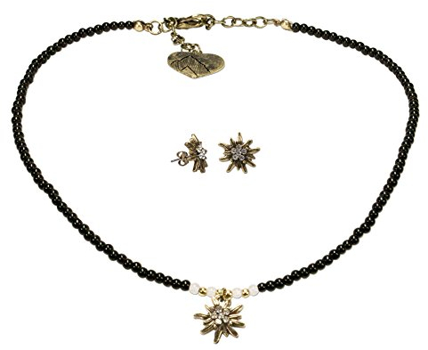 Alpenflüstern Trachtenschmuck-Set Filigran Perlen-Trachtenkette und Trachten-Ohrstecker Strass-Edelweiß - Damen-Trachten-Schmuck antik-Gold-Farben, Trachtenset schwarz SET014