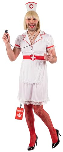 Fun Shack Disfraz Enfermera Hombre, Disfraz Despedida Halloween Hombre | Vestido Blanco, Diadema & Cinturón Rojo, Estilo Enfermero Atrevido, Perfecto para Halloween, Ideal para Disfrazarse