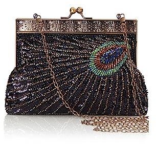 BABEYOND Pochette vintage anni '20 con pavone e paillettes, borsa da sera con perline, Stile 2-nero, Taglia unica