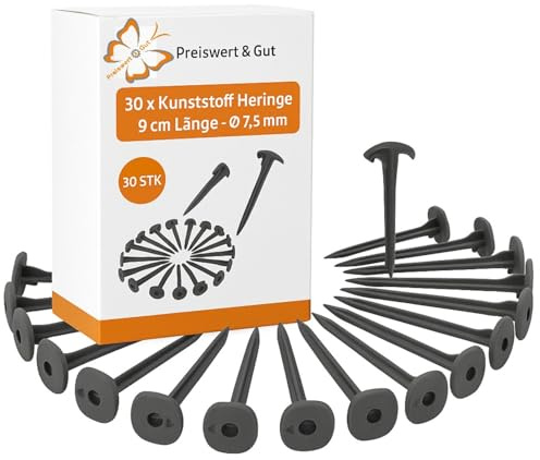 Preiswert&Gut 30x Heringe aus Kunststoff – Schwarze Zeltheringe, 9 cm Länge, Durchmesser 7,5 mm – Perfekt für Bodenplanen oder Zeltteppich Befestigung Plastik Campingzubehör