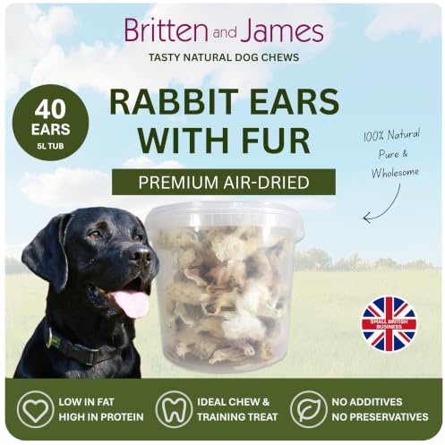 40 Airdried Rabbit Ears with Hair for Dogs by Britten and James