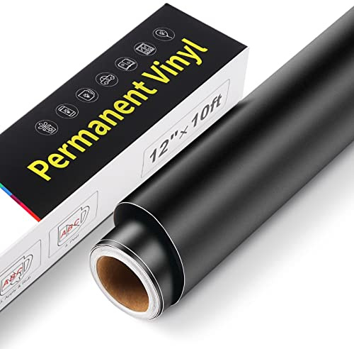 Permanent Självhäftande Vinylfolie, 30,5 cm x 305 cm Permanent Vinyl Plotterfolie, Självhäftande Vattentät Premium Vinyl Rulle för Cricut, Silhouette Cameo, Scrapbooking (Matte Svart)