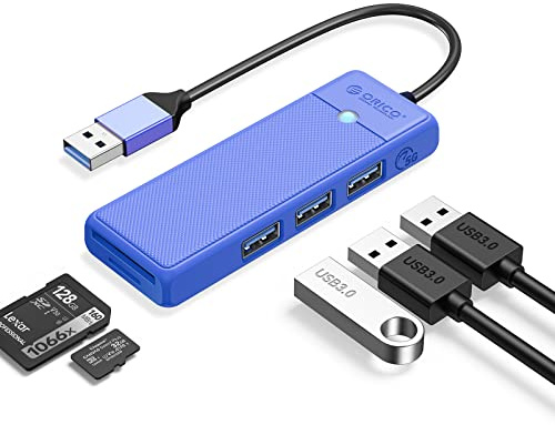 ORICO Hub USB 3.0 con 3 Puertos y Lector SD/TF para Portátil, Xbox, Flash, HDD, Consola, Impresora, Cámara, Teclado (0.15M, Azul)