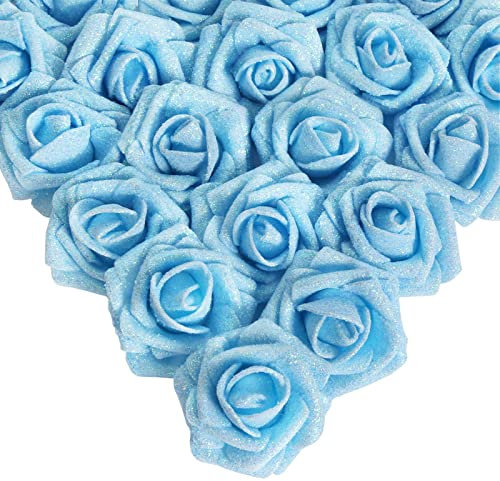 IPOPU Artificial Glitter Roses, 25pcs Foam Glitter Roses Glitter Flowers Foam Rose with Stem for DIY Wedding Bridal Bouquet Home Party Decoration(Light Blue)