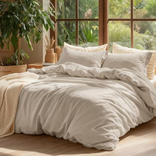 Bedsure 100% Washed Cotton Duvet Cover King Size - Oatmeal Minimalist Bedding Set Linen Like - PureWoven Plain Simple & Soft Comforter Cover for All Seasons (Oatmeal, King, 104x90)