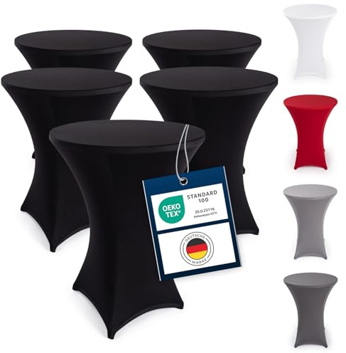 Blumtal 5er Set Stretch Stehtisch Hussen Bügelfrei - Oeko -TEX zertifizierte Tischhussen für Stehtische Ø 70 – 75 cm - Verstärkung im Fußbereich - waschmaschinengeeignet - Schwarz