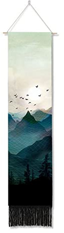 Ricemru Berge Wandteppich Schmal Lang Blau Wandbehang Berggipfel Sonnenaufgang Vogel Wandtuch Abstract Bergeandschaft Wanddeko Tapestry Wandkunst Deko
