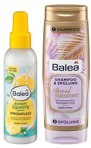 Balea 2er-Set Haarpflege: Sprühkur Lemon Squeezy pflegt das Haar mit Protein & verbessert die Kämmbarkeit, 150 ml + Twinpack Eternal Summer Shampoo & Spülung sommerlich blumig mild, 300 ml, (450 ml)