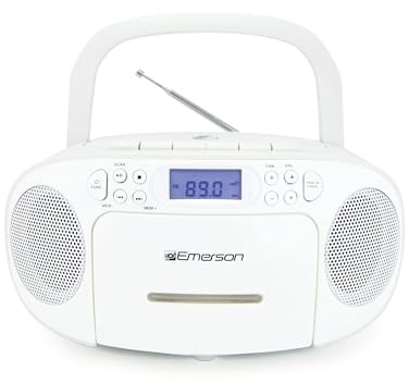 Emerson Portable CD Player Boombox with Cassette Player Combo, Tape Recorder, AM/FM Radio, AUX, Headphone Jack, Dual Speakers, AC/DC & Battery Operated - Stereo System for Home, Indoor & Outdoor Use