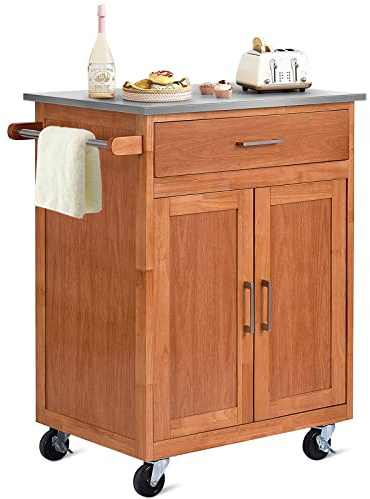 COSTWAY Kitchen Storage Trolley, Kitchen Island on Wheels with Stainless Steel Top, Adjustable Shelf, Drawer Door Cabinet & Handle, Rolling Serving Storage Cart for Living Dining Room, 72 x 48 x 89cm