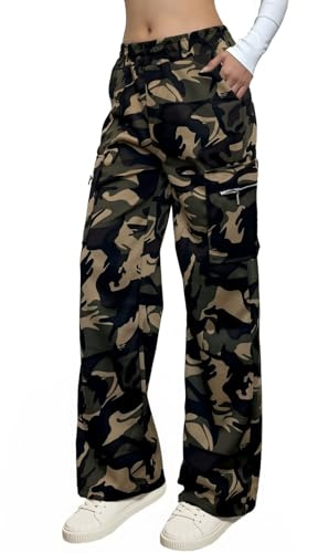 Nuofengkudu Women Camo Straight Wide Leg Cargo Joggers Pants Zipper Pockets Combat Trousers Camouflage Elasticated Waist Pull on Sweatpants Outdoor Camping Casual Jungle Bottoms Hunting Green S