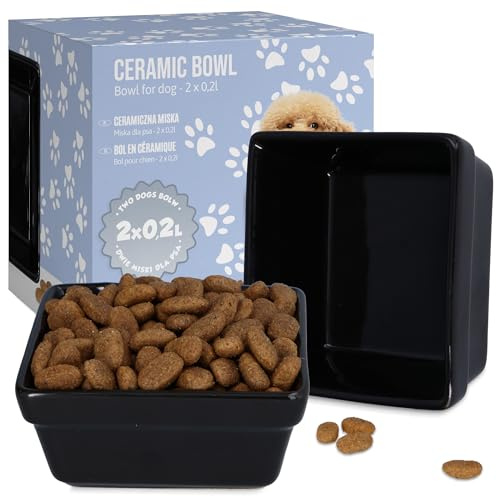 Keramik Hundenapf 2x0,2l Quadratisch Schwarz | Fressnapf Futternapf Trinknapf Futter Wasser Napf Schüssel für Hunde Welpen Haustier Futterstation Futterbar Wassernapf