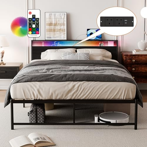 BEXEVUE 4ft6 Double Bed Frame with Power Outlets & LED Strip - Double Solid Vintage Iron Platform Bed, Ergonomic Storage Headboard, Modern Design High Footboard Large Space Living Room Bedroom Home