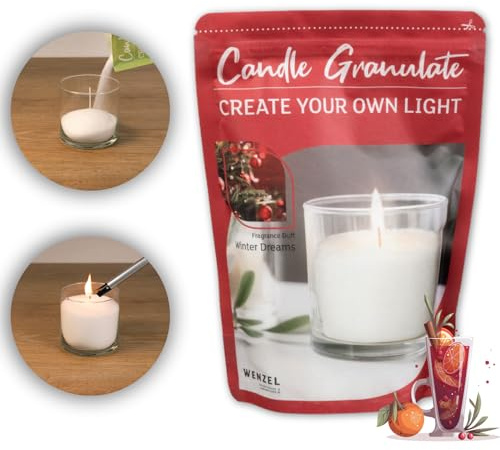 DecoLite Kerzensand 400 g mit 4 Dochten, Winter Dreams | Wachsgranulat & Kerzengranulat zum Gläser Recyceln, DIY Bastelset für selbstgemachte Kerzen, ideal als Geschenkidee
