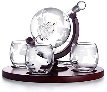 Botellero Botellero Soporte para copas de vino Decantador de whisky Juego de globo con 4 vasos de whisky de globo grabados - Para licor, whisky escocés, bourbon, regalos de vodka para papá - 850 ml
