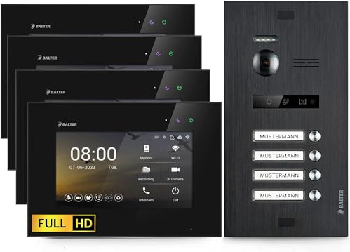Balter EVO-HD Video Türsprechanlage, Video Türklingel mit Kamera, 4 Familienhaus Klingel, 4X 7 Zoll HD Monitor, Full HD, 2 Draht Bus, Gegensprechanlage mit 175° Weitwinkel