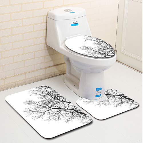 Bad Teppiche Set 3-Teiliges Weiße Schwarze Bäume WC Vorleger Mit Ausschnitt Badematte Saugfähig WC Deckelbezug Badvorleger rutschfest Waschbar Toilettensitzbezug Badgarnitur (45x75cm)