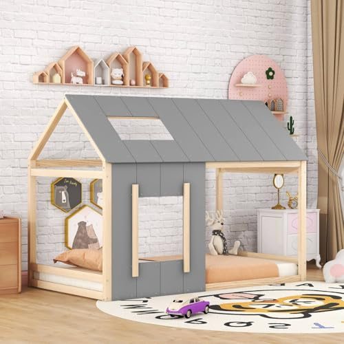 Cadre de Lit pour Enfants et Adolescents en Forme de Maison 90 x 200 cm - Avec Toit, Fenêtre et Lattes (Matelas Non Inclus) (Natural)