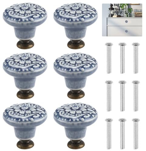 Lot de 6 boutons de tiroir en céramique bleue, 31 x 34 mm, motif vintage en forme de boule avec vis de montage, jolis boutons de porte pour tiroir, commode, placard, armoire