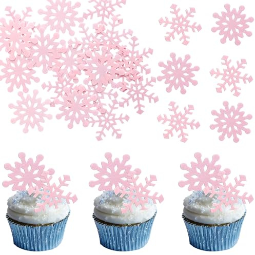 Gyufise 60Pcs Edible Snowflakes Cupcake Toppers - Snowflake Cake Decorations Wafer Paper Sprinkles for Christmas Winter Holiday Theme Party Supplies - Pink