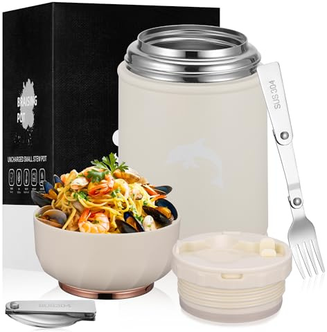 TranRantic Thermobehälter für Essen, 500 ml Edelstahl Warmhaltebehälter, Thermobecher, Thermo Essensbehälter mit Löffe＆Gabel, Auslaufsiche Thermoskanne für Essen, Lunchbox Thermo für Speisen (Weiß)