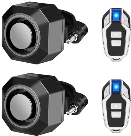 Cruxer Paquete de 2 alarmas de bicicleta con 2 mandos a distancia, alarma de vibración antirrobo inalámbrica recargable por USB, volumen de 110 dB y sensibilidad ajustable, sistema antirrobo para