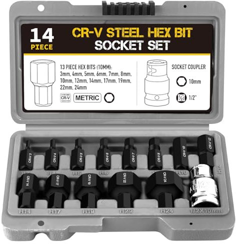 14 Pièces Jeu de Douilles 6 pans, Douille Allen 3, 4, 5, 6, 7, 8, 10, 12, 14, 17, 19, 22, 24 mm, Douille a Choc 1/2 avec Mallette en Plastique, pour Clé Electrique, Clé à Cliquet (1)