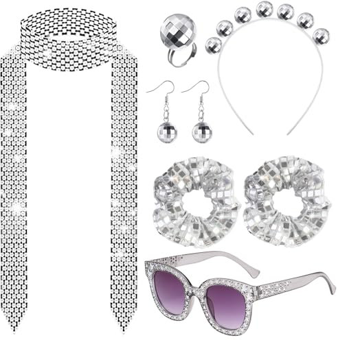Saier tbo 7 Stück Glitzer Disco Zubehör Set, 70er Jahre Disco Accessoires mit Discokugel Haarreif Sonnenbrille Paillettenschal Ohrringe Ring Haargummis für Frauen Mottoparty Halloween