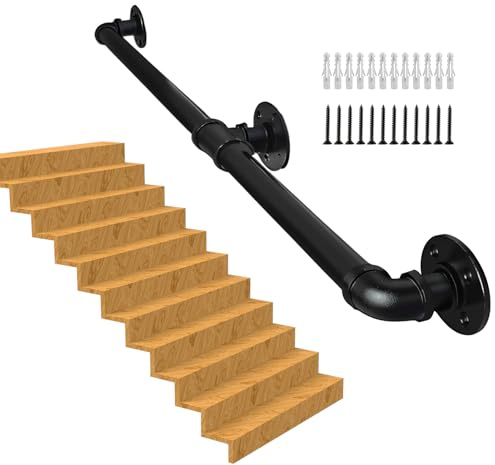Handlauf Treppe, Rutschfester Treppengeländer Innen und Außen, Geländer Treppe Rohrförmiges Handfußgeländer,Wandhandlauf mit Zubehör Handlauf Schwarz Komplettset (black, 2M)