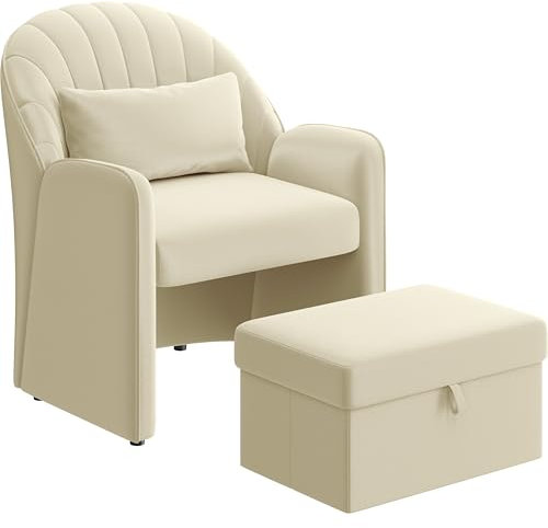 Yaheetech Piccola Poltrona Salotto Moderna Sedia Imbottita con Effetto Velluto con Poggiapiedi Contenitore e Cuscino Lombare Poltrocina Relax con Braccioli per Soggiorno Camera da Letto Lettura Beige