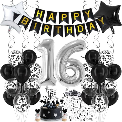 Cadimus Luftballon 16. Geburtstag Schwarz Silber, Deko 16. Geburtstag, Luftballon 16, Black and White Party Deko, Luftballons Schwarz Silber, Geburtstagsdeko für 16 Jahre Junge und Mädchen
