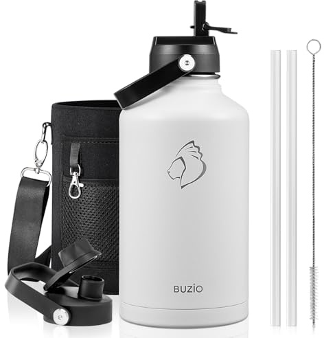 BUZIO Botella isotérmica 2L acero inoxidable, tapa con pajita y boquilla | Gran termo metálico, mantiene frío 48h y calor 24h. A prueba de fugas, sin BPA, ideal para gimnasio, viajes y deportes